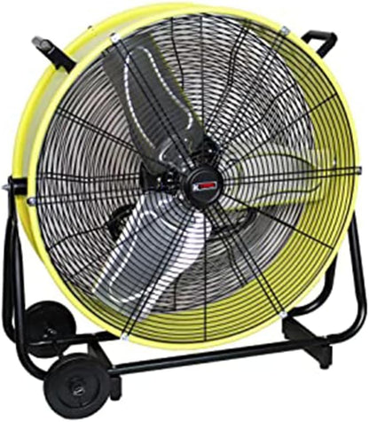 77740 24” Belt Drive Drum Fan with Wheels, High-Velocity, 2-Speed, Cut-Off Protection, 7850 Max CFM, Cul Listed, Used in Warehouses, Shops, Greenhouses, Barns, Gyms, Yellow