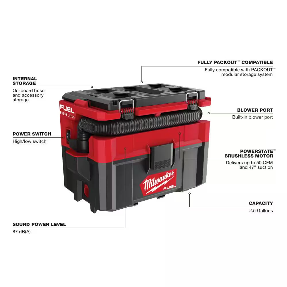 M18 FUEL PACKOUT 18-Volt 2.5 Gal. Lithium-Ion Cordless Wet/Dry Vacuum with PACKOUT Radio/Speaker