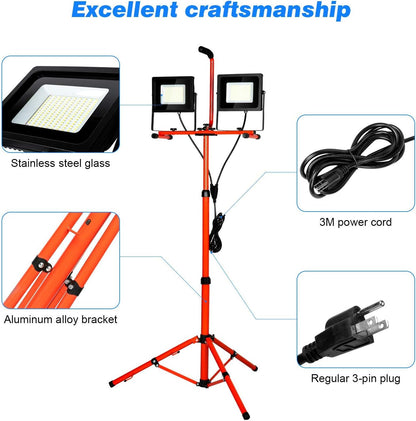 20000 Lumen LED Work Light with Stand 200W 5000K Daylight Bright Portable Work Light with Adjustable Metal Telescoping Tripod Stand IP65（2 Pack)