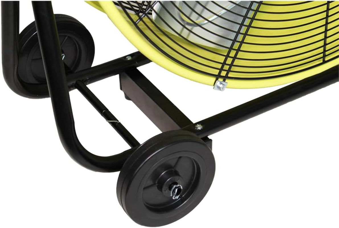 77740 24” Belt Drive Drum Fan with Wheels, High-Velocity, 2-Speed, Cut-Off Protection, 7850 Max CFM, Cul Listed, Used in Warehouses, Shops, Greenhouses, Barns, Gyms, Yellow