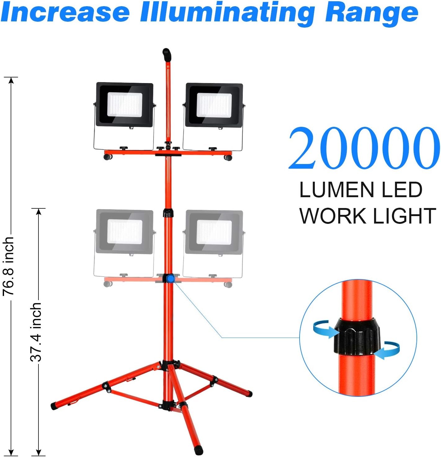 20000 Lumen LED Work Light with Stand 200W 5000K Daylight Bright Portable Work Light with Adjustable Metal Telescoping Tripod Stand IP65（2 Pack)