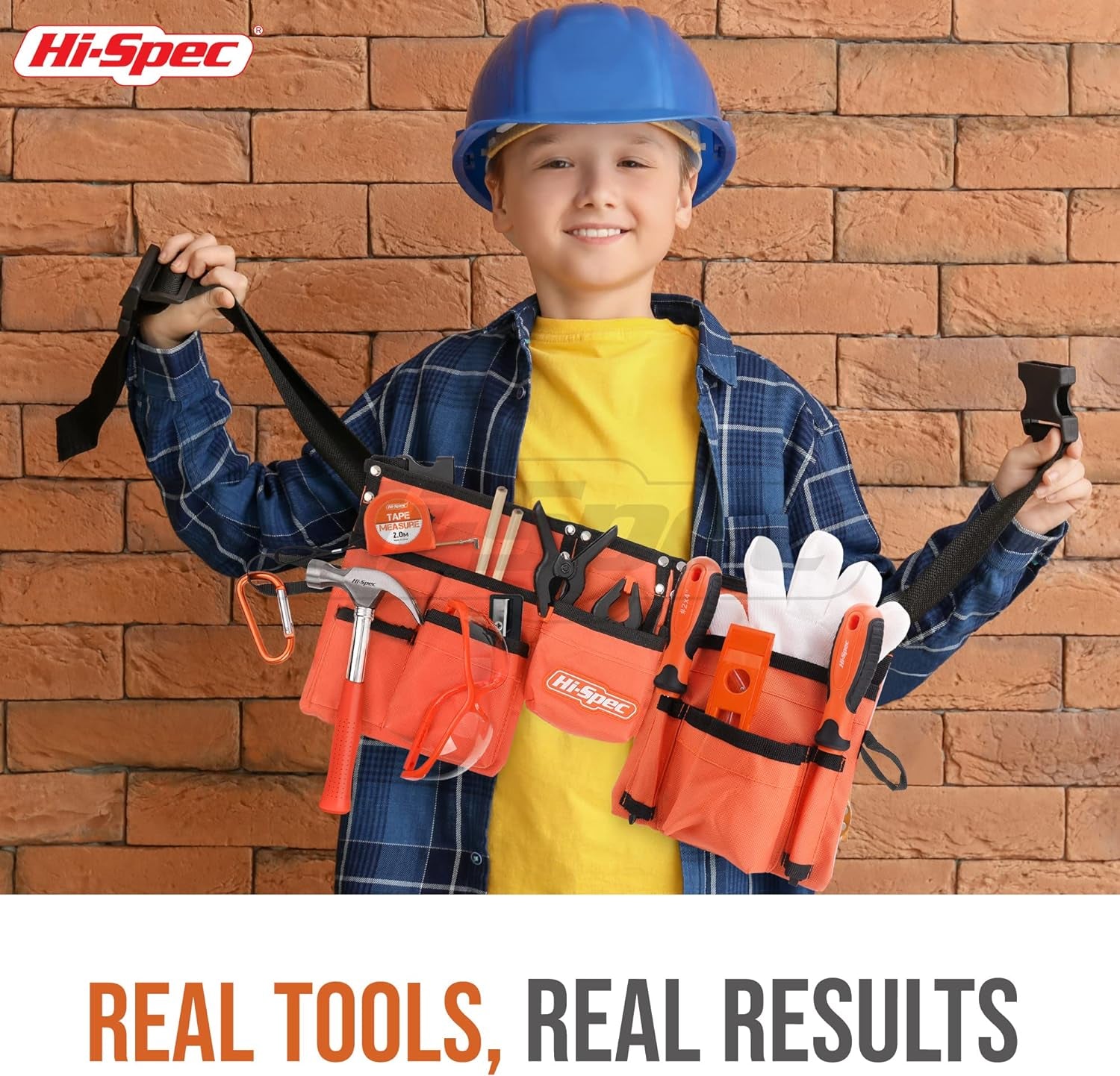 16Pc Orange Kids Tool Set & Child Size Tool Belt with Real Metal Hand Tools for Building, Woodwork & Construction Learning