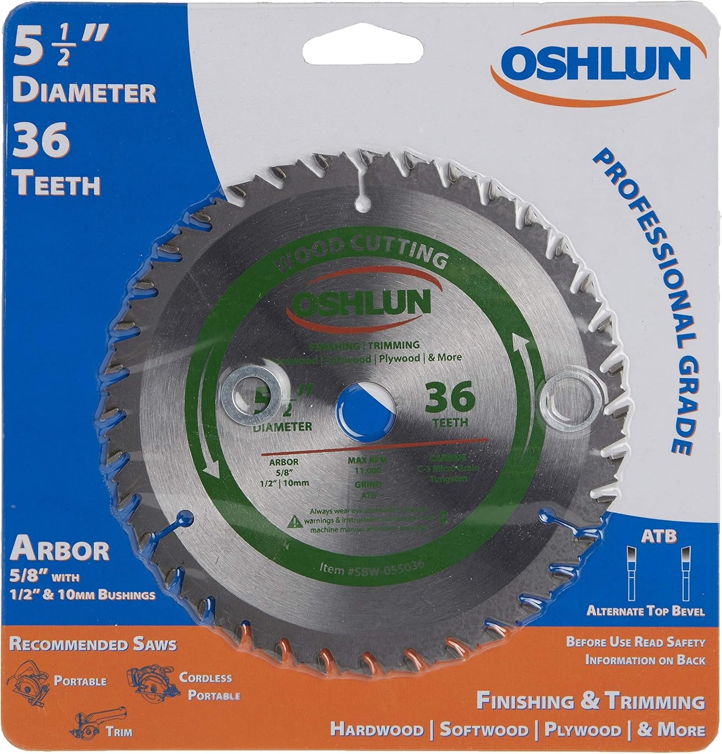 SBW-055036 5-1/2-Inch 36 Tooth ATB Finishing and Trimming Saw Blade with 5/8-Inch Arbor (1/2-Inch and 10Mm Bushings)