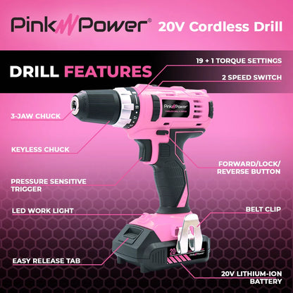 Tool Set for Women - 20-Volt Electric Cordless Power Drill W/ Storage Bag, 16 Pc. Drill Bit & Screwdriver Set, Charger & 2 Batteries