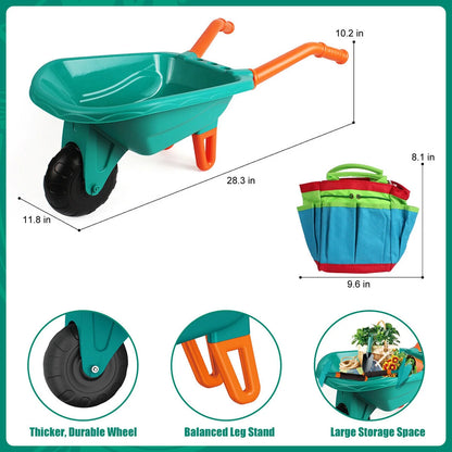 Kids Gardening Tool Set, Garden Outdoor Toys Kids Wheelbarrow Watering Can Gloves Hand Rake Shovel Trowel Double Hoe Apron, Green