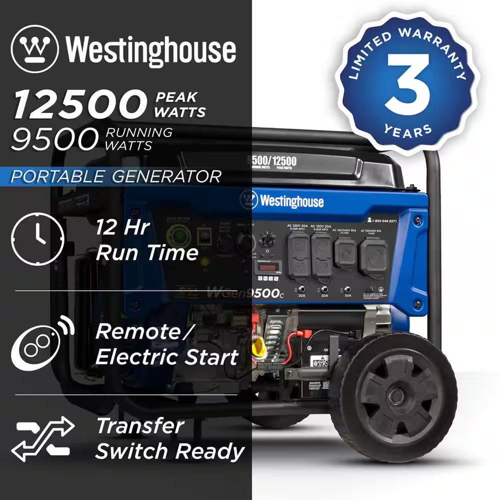 12,500/9,500-Watt Gas Powered Portable Generator with Remote Electric Start, 50 Amp Outlet