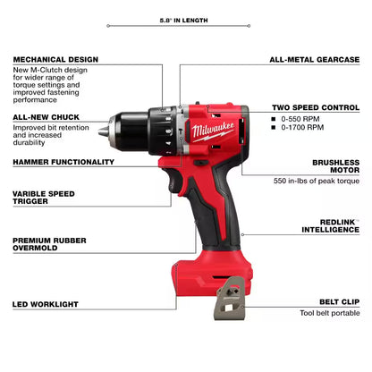 M18 18V Lithium-Ion Brushless Cordless 1/2 In. Compact Hammer Drill/Driver (Tool-Only)