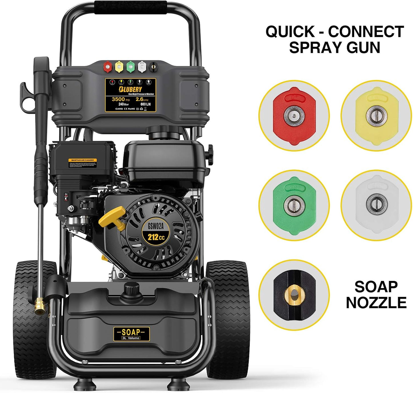 3500 PSI Gas Pressure Washer, 2.6 GPM Heavy Duty High Power Washer, 30Ft Pressure Hose&Soap Tank,5 Pressure Nozzles,Black