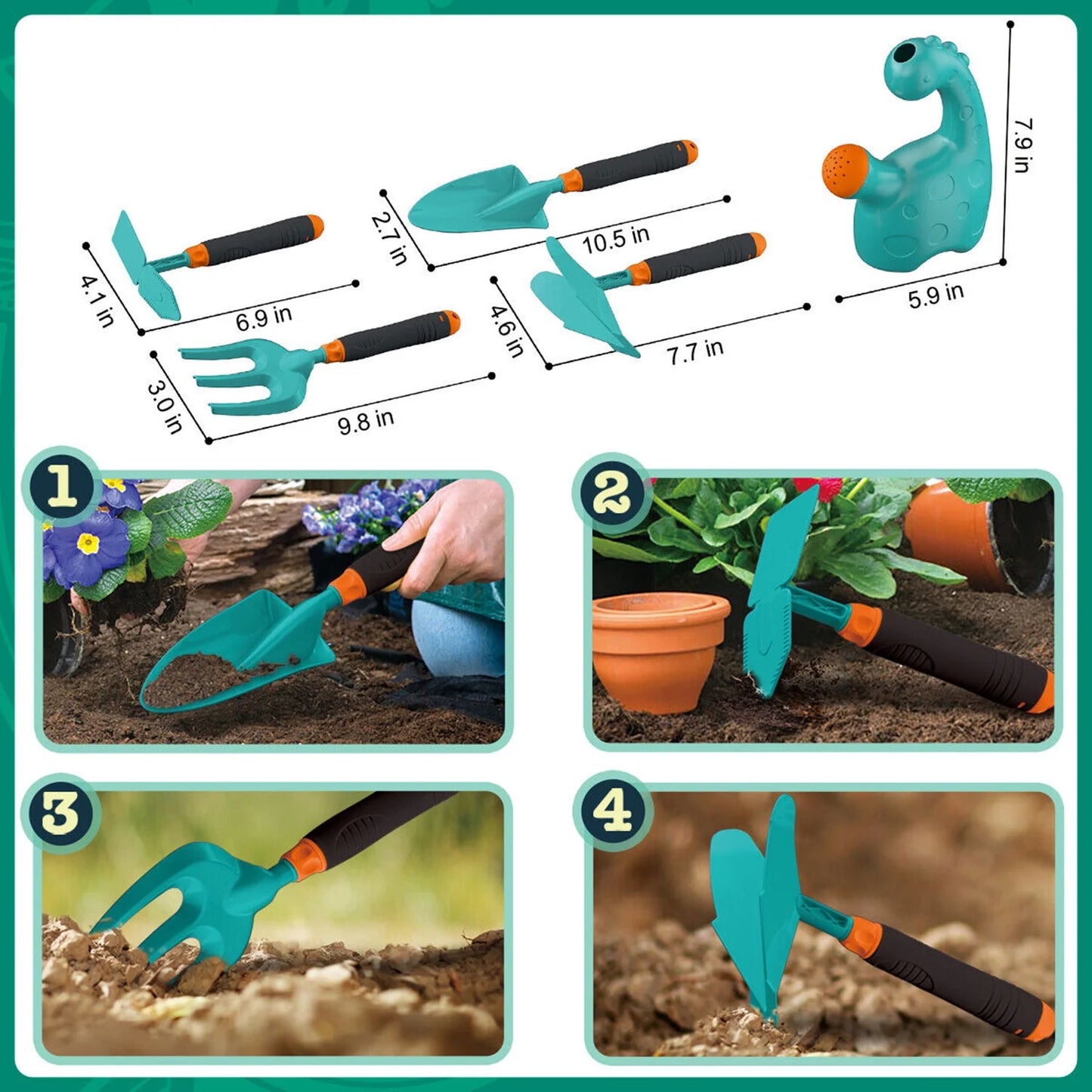 Kids Gardening Tool Set, Garden Outdoor Toys Kids Wheelbarrow Watering Can Gloves Hand Rake Shovel Trowel Double Hoe Apron, Green