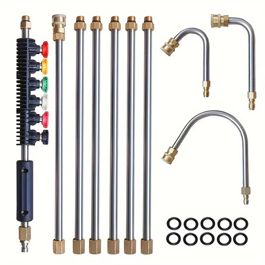 10 Pcs/Set High Pressure Washer Extension, Quick Connect Power Washer Lance with 6 Nozzle Heads, Ditch Cleaning Benders