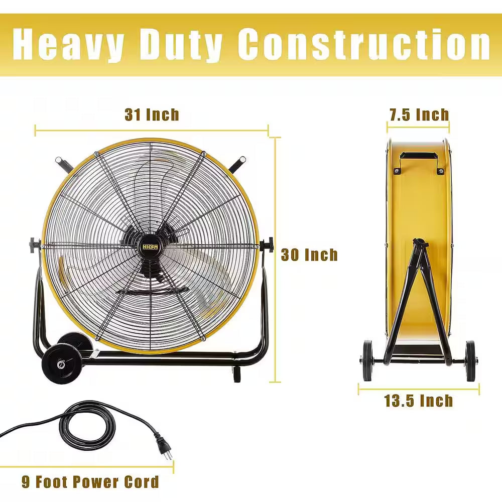 24 In. 3-Speeds Portable High Velocity Drum Fan in Yellow with Powerful 1/3 - HP Motor, Turbo Blade, Low Noise