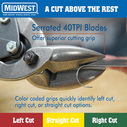 MIDWEST Aviation Snip Set - Left and Right Cut Offset Tin Cutting Shears with Forged Blade & KUSH'N-POWER Comfort Grips - MWT-6510C