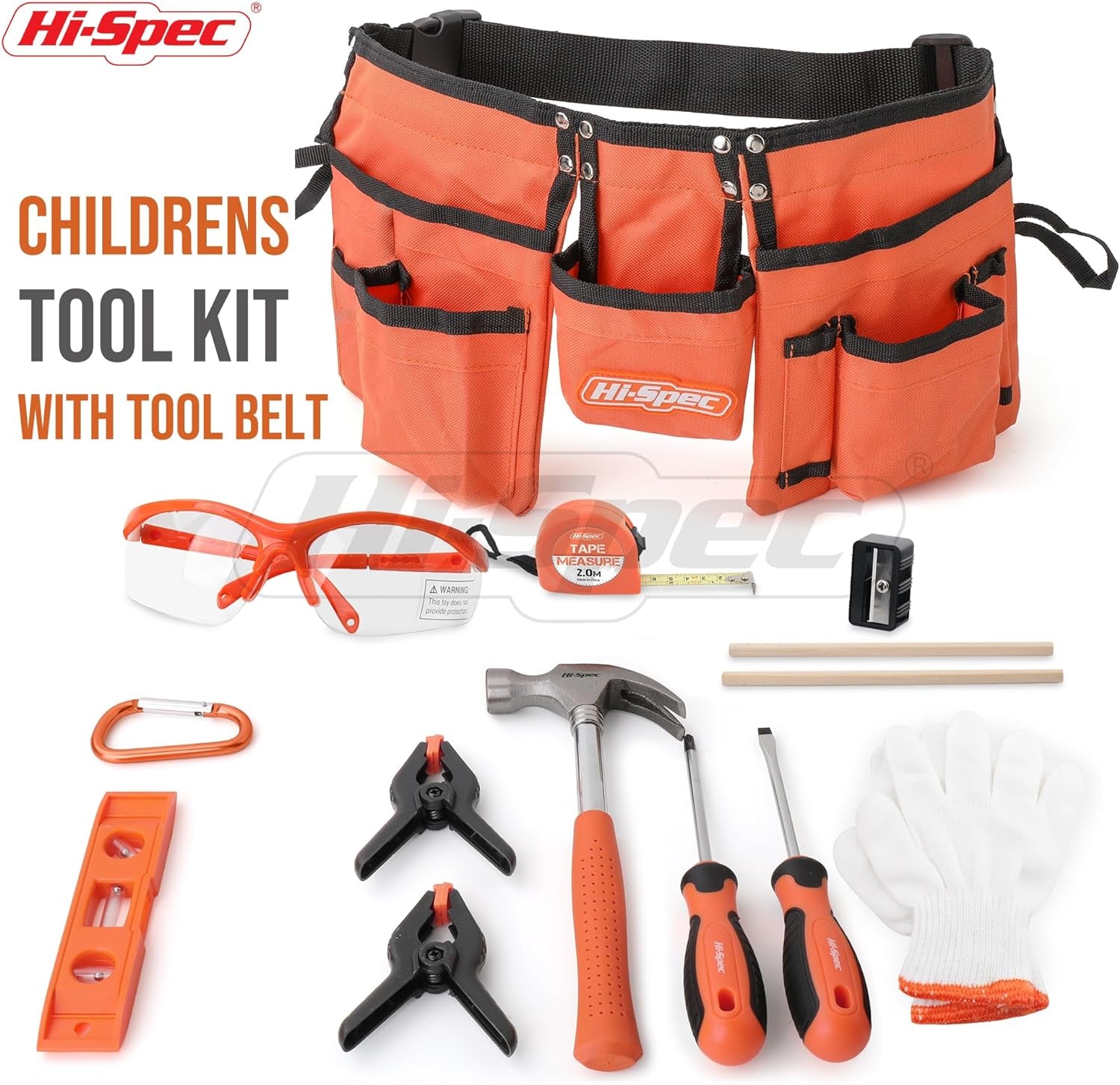 16Pc Orange Kids Tool Set & Child Size Tool Belt with Real Metal Hand Tools for Building, Woodwork & Construction Learning