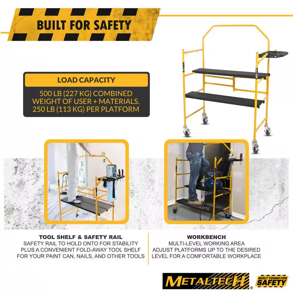 Jobsite Series 4.8 H Ft. X 4.1 Ft. L X 1.8 Ft. D Mini Scaffold Platform with Wheels and Tool Shelf, 500 Lb. Capacity