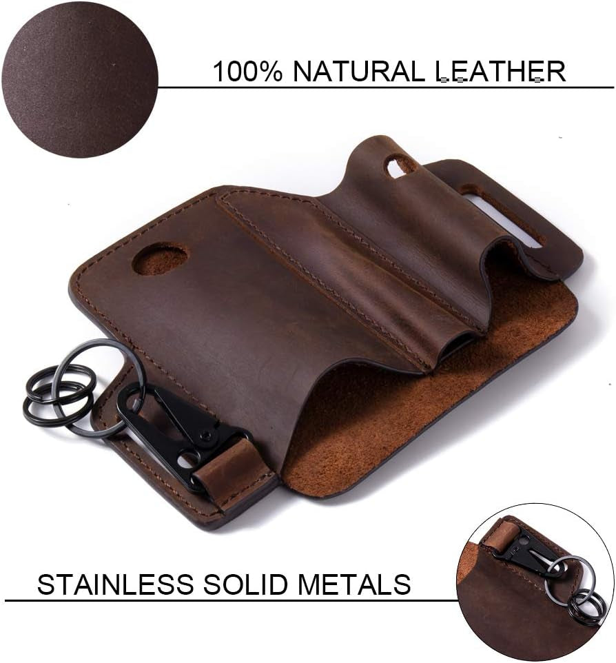 Multitool Sheath for Belt, EDC Belt Organizer for Men, Leather Multitool Pouch with Pen Holder, Flashlight Sheath,Key Fob, Leather EDC Pouch Darkbrown