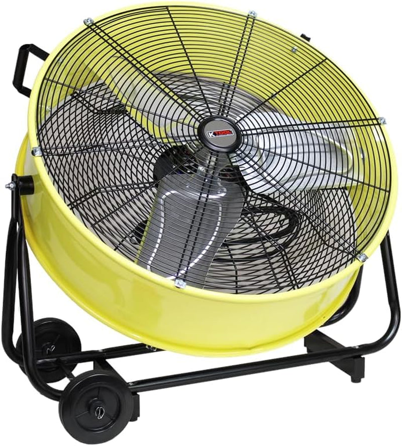 77740 24” Belt Drive Drum Fan with Wheels, High-Velocity, 2-Speed, Cut-Off Protection, 7850 Max CFM, Cul Listed, Used in Warehouses, Shops, Greenhouses, Barns, Gyms, Yellow